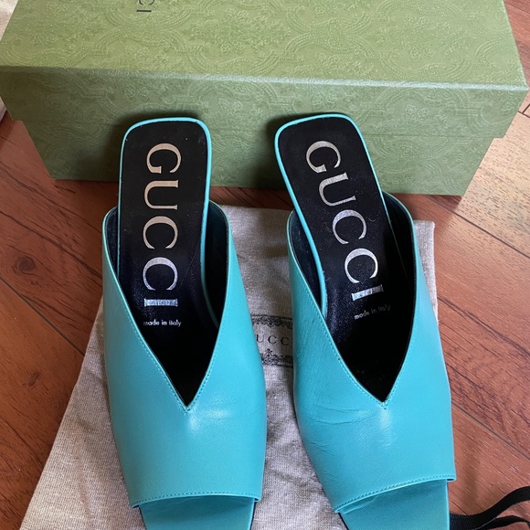 Gucci Women's Turquoise Mid Heel Open Toe Mules Sz 39.5 - Picture 3 of 11